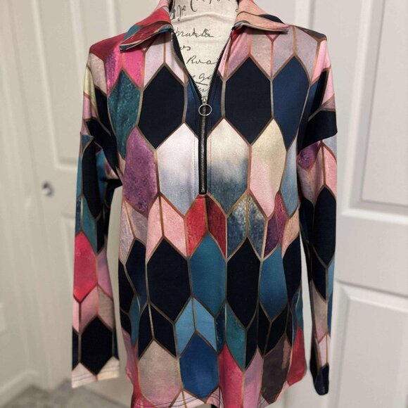 SHEILAY Tops - Women's Colorful Jacquard Designed Long-Sleeve Top with Zip Neck & Collar